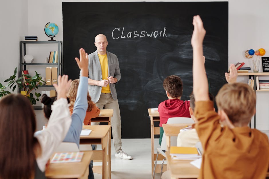 A teacher interacts with diverse students in a classroom, engaging them in active learning